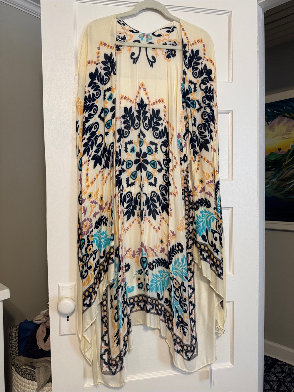 NWT Cream Boho Floral Open Front Kimono with Navy & Teal Print